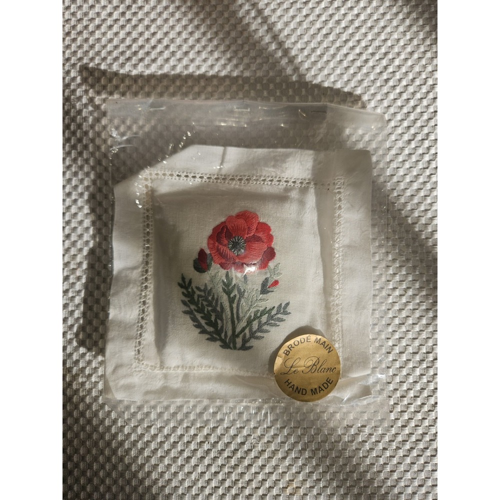 Vintage Le Blanc France Hand Embroidered Sachet Sealed Red Poppy Linen Drawer